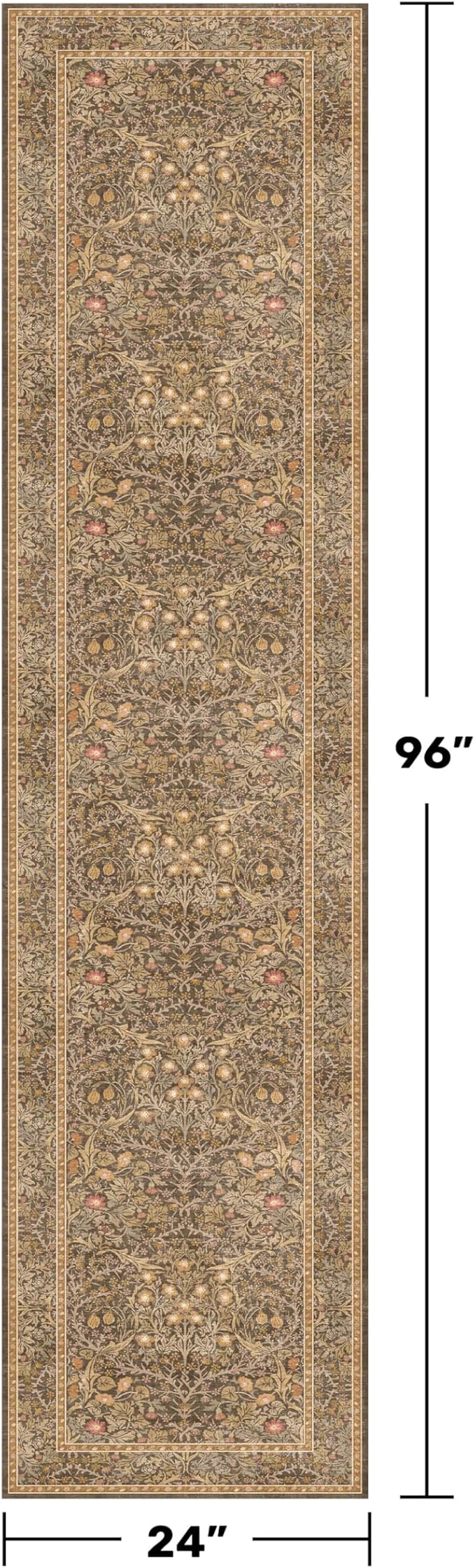 Non Slip 2x8 Gold Brown Long Bathroom Runner Rug, Washable Runner Rug for Hallway, Entryway Rug, Stain Resistant Kitchen Floor Mat - Vintage Floral Indoor Décor, Low Pile Soft Carpet