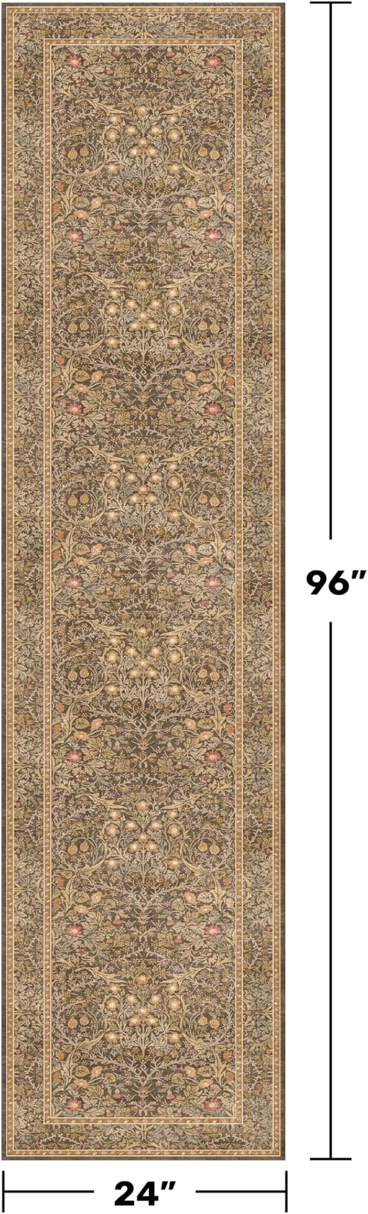 Non Slip 2x8 Gold Brown Long Bathroom Runner Rug, Washable Runner Rug for Hallway, Entryway Rug, Stain Resistant Kitchen Floor Mat - Vintage Floral Indoor Décor, Low Pile Soft Carpet