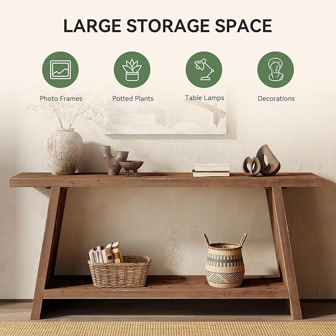 70.9'' Solid Wood Console Table, Narrow Long Sofa Table Behind Couch with 2-Tier Storage, Farmhouse Entryway Table for Living Room, Hallway, Foyer, Brown