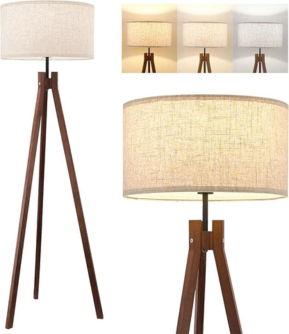 ELYONA Wood Tripod Floor Lamp, Mid Century Reading Standing Lamp with 3 Color Temperatures & Linen Shade, Modern Night Light for Bedroom, Farmhouse, Living Room, Office, 9W LED Bulb Included, Brown