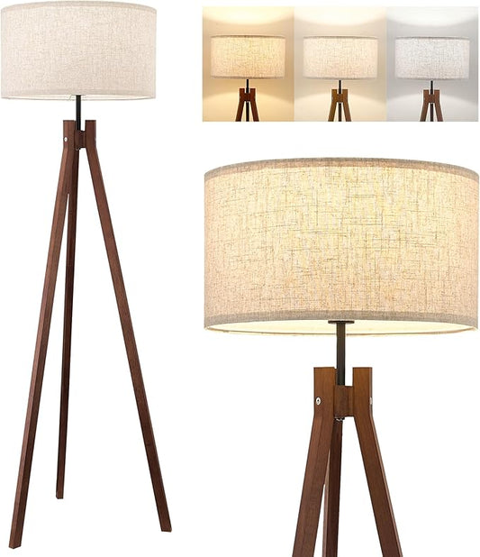 ELYONA Wood Tripod Floor Lamp, Mid Century Reading Standing Lamp with 3 Color Temperatures & Linen Shade, Modern Night Light for Bedroom, Farmhouse, Living Room, Office, 9W LED Bulb Included, Brown