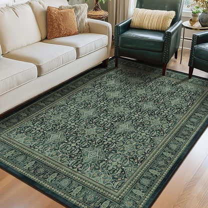 Dark Green 6x9 Area Rugs Washable, Vintage Boho Floral Moroccan Pattern Printed Carpet Rug for Living Room Bedroom, Low Pile Thin Room Rug with Rubber Backing Non Slip for Dining Room Office