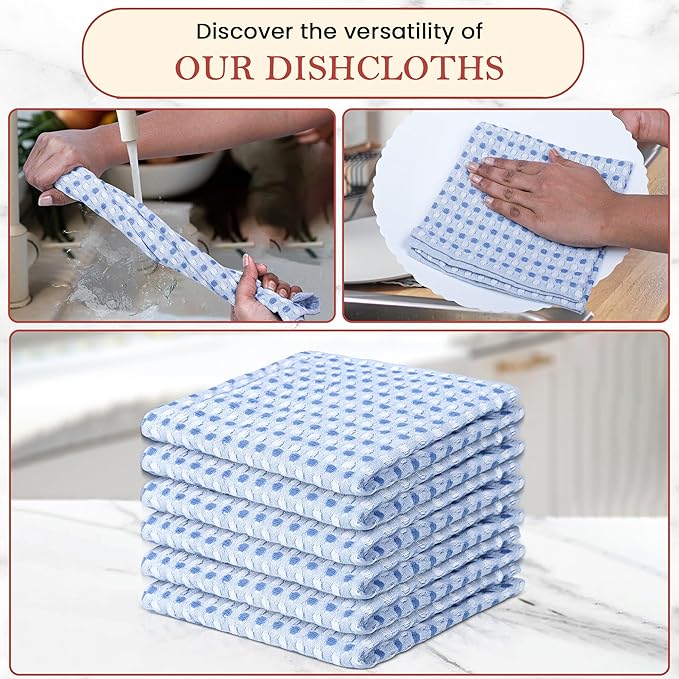Vintage Vista 100% Cotton Dish Cloths (Pack of 6) - Dish Rags for Washing Dishes - Reusable & Highly Absorbent Kitchen Towels - Kitchen Rags for Christmas - (12" x 12" - Blue Honeycomb)