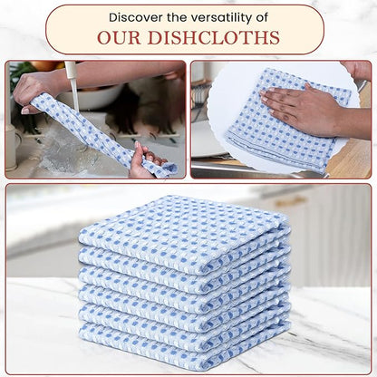 Vintage Vista 100% Cotton Dish Cloths (Pack of 6) - Dish Rags for Washing Dishes - Reusable & Highly Absorbent Kitchen Towels - Kitchen Rags for Christmas - (12" x 12" - Blue Honeycomb)
