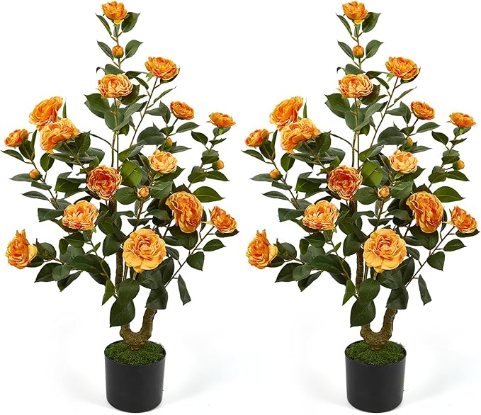 40" Artificial Camellia Tree 2 Pack,Faux Floral Plant Fake Trees with Orange Blooming Flowers,Artificial Plants Greenery Potted Plant for Outdoor Indoor Home Porch Decor