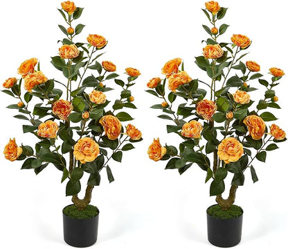 40" Artificial Camellia Tree 2 Pack,Faux Floral Plant Fake Trees with Orange Blooming Flowers,Artificial Plants Greenery Potted Plant for Outdoor Indoor Home Porch Decor
