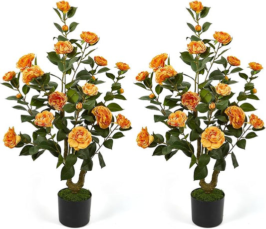40" Artificial Camellia Tree 2 Pack,Faux Floral Plant Fake Trees with Orange Blooming Flowers,Artificial Plants Greenery Potted Plant for Outdoor Indoor Home Porch Decor