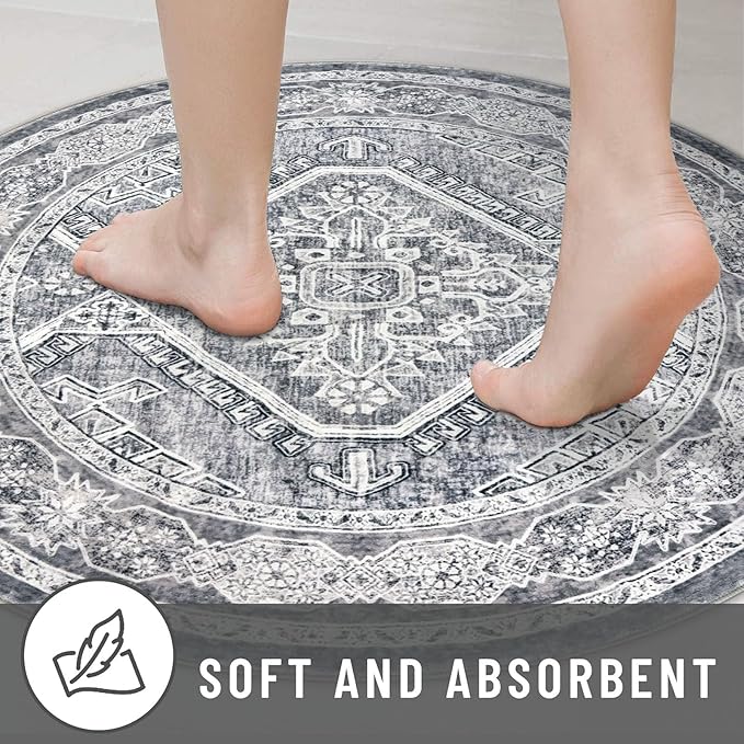 KUTA Oriental Round Rugs 6ft, Grey Circle Rug Washable 6ft, Non-Slip Printed Vintage Medallion Carpet for Living Room Dining Kitchen Indoor Entryway