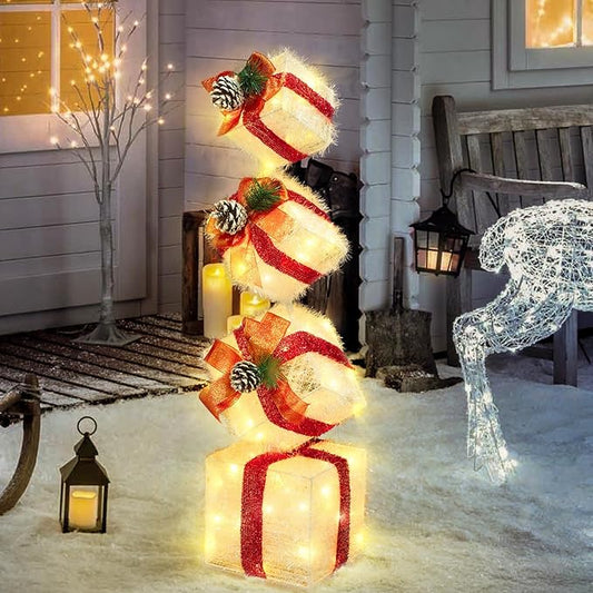 Christmas Lighted Gift Boxes Decorations Set of 4, 2.8Ft Stackable Christmas Nesting Boxes Battery Operated for Home and Party Decoration (8"-6"-5"-4", Red Bow)
