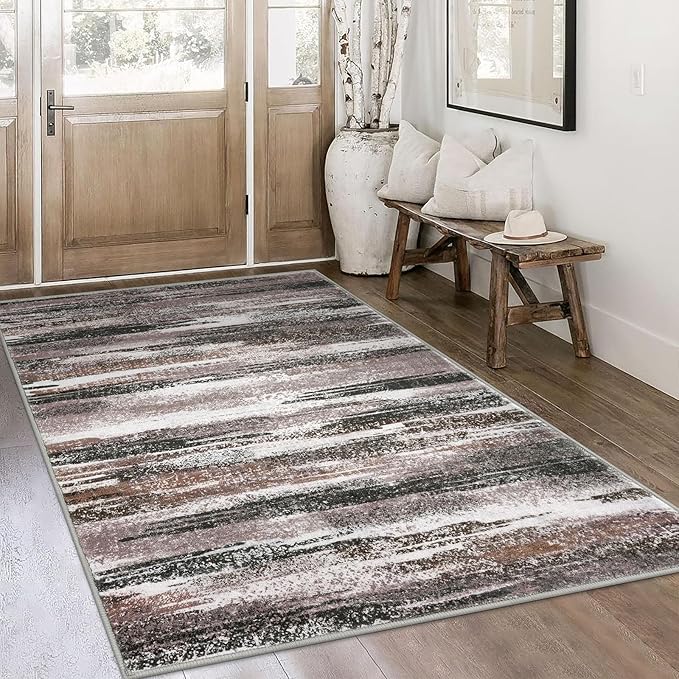 Modern Abstract 4x6 Living Room Washable Rug Non-Slip Soft Bedroom Area Rug Dark Light Brown White Thin Print Faux Wool Floor Carpet Throw Rugs for Nursery Playroom Dining Room Indoor Office
