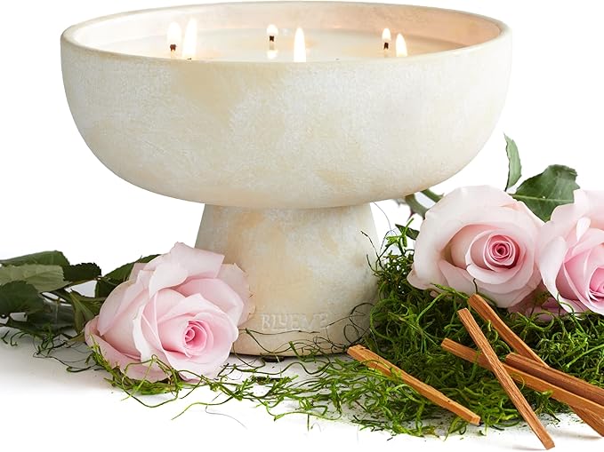 Blueme Romance Candle | Oakmoss & Sandalwood | 6 Wick - Refillable Wellness Candle with Essential Oils, Hand Finished & Poured Soy Wax Blend Ceramic Vessel, Natural Cotton Wicks | Giant 45 oz