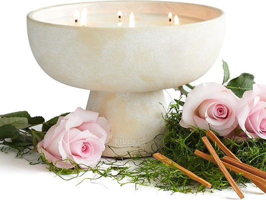 Blueme Romance Candle | Oakmoss & Sandalwood | 6 Wick - Refillable Wellness Candle with Essential Oils, Hand Finished & Poured Soy Wax Blend Ceramic Vessel, Natural Cotton Wicks | Giant 45 oz