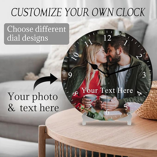 Custom Family Wall Clock with Photo Text, Personalized Picture Wall Clocks for Living Room Decor Customized Gift for Christmas Birthday Anniversary Wedding Valentine's Fits Kitchen Bathroom