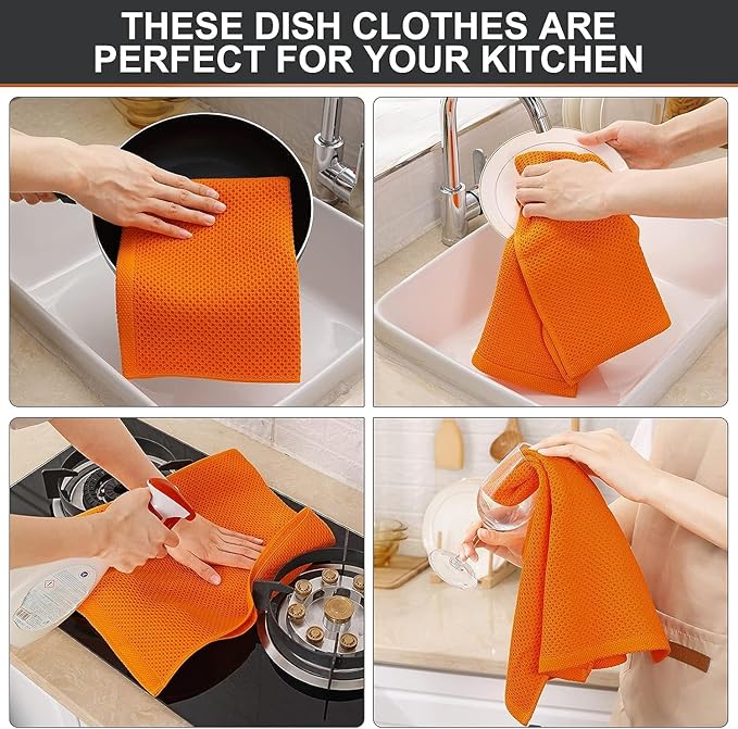 Kitinjoy 100% Cotton Waffle Weave Kitchen Towels, 6-Pack Super Soft and Absorbent Dish Towels for Drying Dishes, Kitchen Hand Towels, 13 in x 28 in, Orange