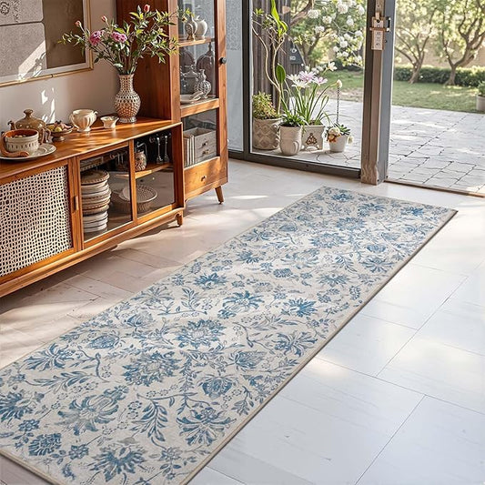 jinchan Runner Rugs 2x5 - Vintage-Inspired Floral Design Machine Washable Non-Slip Ultra-Thin Low-Pile Rubber Backing Runner Rug for Kitchen Hallway Laundry Room Entryway Dark Blue