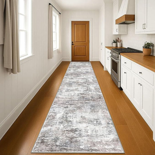 Modern Abstract 3x18 Runner Rug, Beige Grey Neutral Washable Long Kitchen Runner Non-Slip Soft Hallway Rug Runner Thin Print Faux Wool Floor Carpet for Hall Stair Entryway