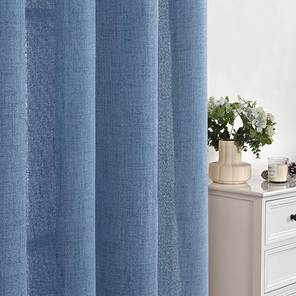 YoungsTex Blue Linen Curtains 63 Inches Long 2 Panels for Window - Textured Short Light Filtering Drapes with Bronze Grommet for Living Room Bedroom Privacy Lightweight, 42 x 63 Inch