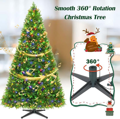 GGOYING 9FT Pre-Lit Flocked Christmas Tree with Rotating Stand & Remote, Green Dense Branches, Realistic Holiday Decorations, LED Lights (RGB + Warm White)