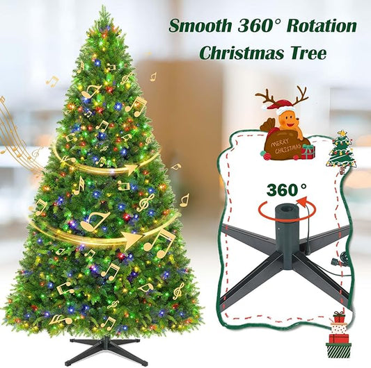 GGOYING 9FT Pre-Lit Flocked Christmas Tree with Rotating Stand & Remote, Green Dense Branches, Realistic Holiday Decorations, LED Lights (RGB + Warm White)