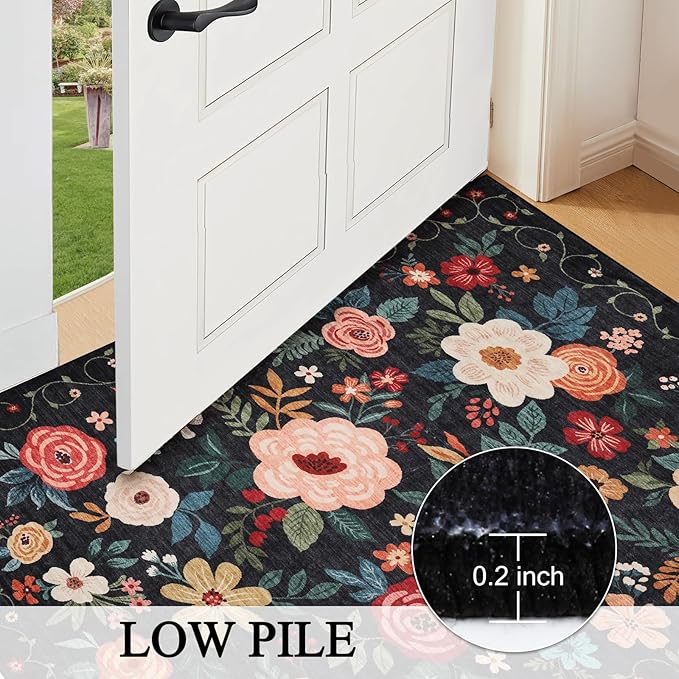 DUKINO 2x8 Runner Rug for Hallway, Washable Kitchen Runner Rug with Rubber Backing Non Slip, Low Pile Soft Boho Floral Thin Carpet for Entryway, Hallway, Bathroom, Laundry Room, Black