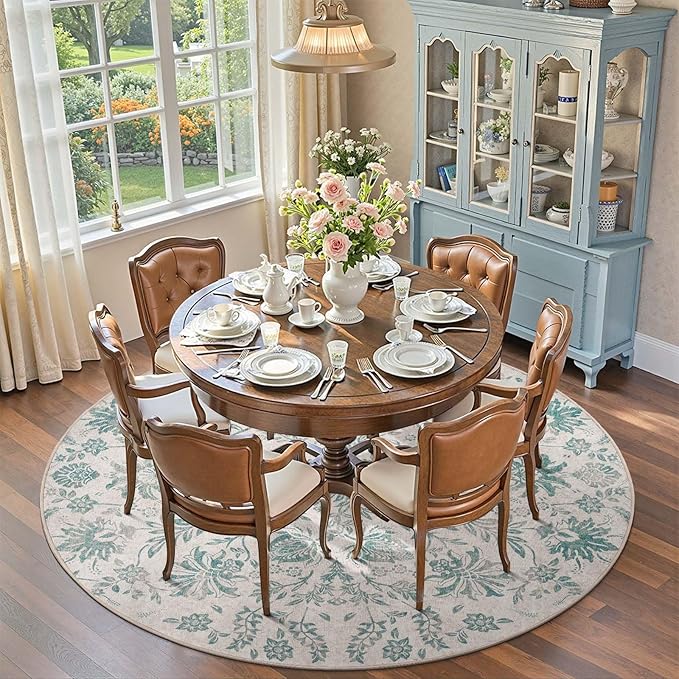 jinchan Classic Floral Round Rug 8ft Vintage-Inspired Design 8’Circle Rug Machine Washable Ultra-Thin Low-Pile Non-Slip Indoor Carpet for Bedroom Dining Room Living Room