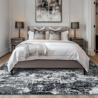 Washable Area Rugs 5'x7' Non-Slip Modern Abstract Soft for Living Room Entryway Bedroom Nursery, Print Pattern, Black Navy Blue Gray