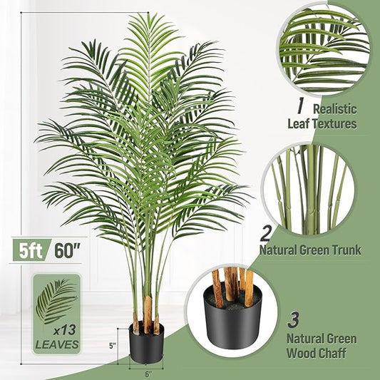 5ft Artificial Palm Tree Indoor Plant Tall Fake Tropical Paradise Palm Tree in Pot with Real Bark Design Faux Areca Palm Tree for Home Office Living Room Bedroom Farmhouse Modern Decor 2pcs