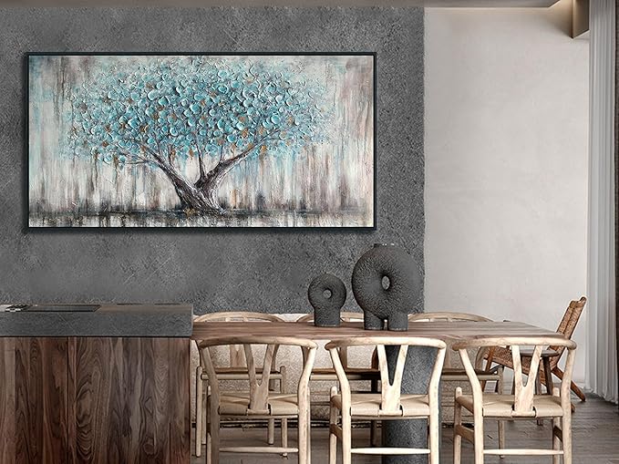 Arjun Framed Blue Tree Canvas Wall Art for Living Room Tree of Life Abstract Bedroom Textured Painting, Nature Picture Panoramic Landscape Artwork Home Office Decor, Black Wood Large 48"x24"