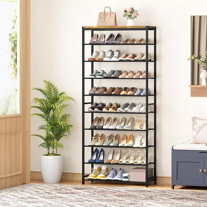 HOMEFORT 10 Tiers Shoe Rack Organizer,30" Shoe Storage Shelf for Closet, Shoe Rack for Entryway,Holds 36-40 Pairs of Shoe, Tall Shoe Stand with Metal Shelves and MDF Top Board,Rustic Brown