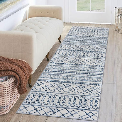 KUTA Moroccan Washable Runner Rug, 2x6 Non-Slip Vintage Blue White Boho Hallway Kitchen Rugs Ultra Soft Distressed Geometric Floor Carpet Runners for Bedroom Laundry Living Room