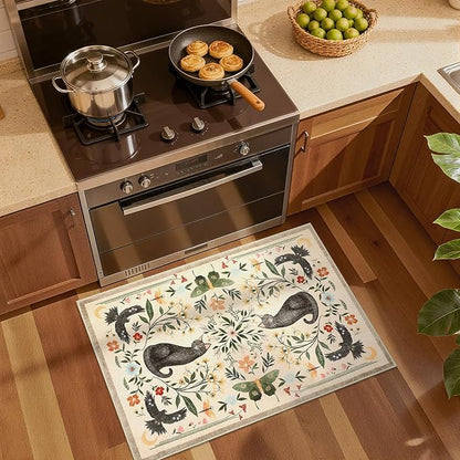 GarveeHome Cat Entryway Rug, 2x3 Mushroom Insect Beige Washable Front Door Rug Indoor Entrance Floral Carpet Non-Slip Low Pile Throw Rugs for Kitchen Floor, Powder Room, Entry, Bathroom, Kids Room