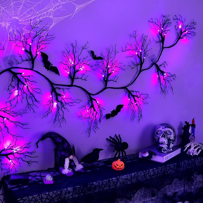 9 FT 66 LED Halloween Black Garland Willow Vine Twig Decor with Purple Light, 8 Modes & Timer Battery Operated Waterproof Halloween Decorations Indoor for Mantle Fireplace Home Office Party Decor