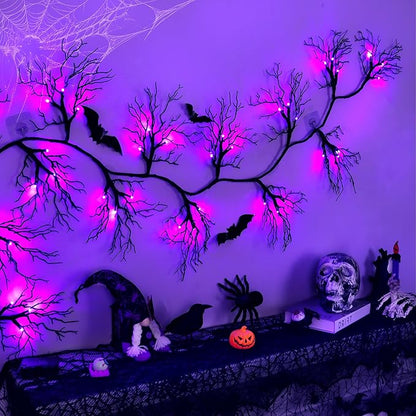9 FT 66 LED Halloween Black Garland Willow Vine Twig Decor with Purple Light, 8 Modes & Timer Battery Operated Waterproof Halloween Decorations Indoor for Mantle Fireplace Home Office Party Decor