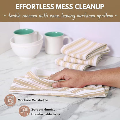 Native Fab Kitchen Dish Towels 16"x26" - Set of 4 - Absorbent Cotton Hand Towels, Restaurant Grade Dish Towels for Quick Drying, Cleaning, Dish Cloths Set with Hanging Loop - Beige and White
