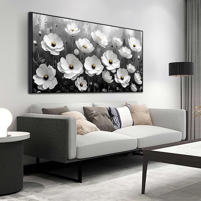 Large Black and White Flower Canvas Wall Art With Black Wood Frames Large Modern Canvas Prints Framed Wall Art for Living Room Bedroom Home Office Size 30x60