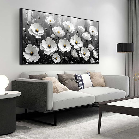 Large Black and White Flower Canvas Wall Art With Black Wood Frames Large Modern Canvas Prints Framed Wall Art for Living Room Bedroom Home Office Size 30x60