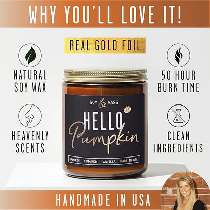 Pumpkin Spice Candle, Fall Candles - 'Hello Pumpkin' Pumpkin Candle I Infused w/Essential Oils I Autumn Scented Soy Candles for Home I Fall Home Décor I 9oz Reusable Jar, 50Hr Burn, Made in USA