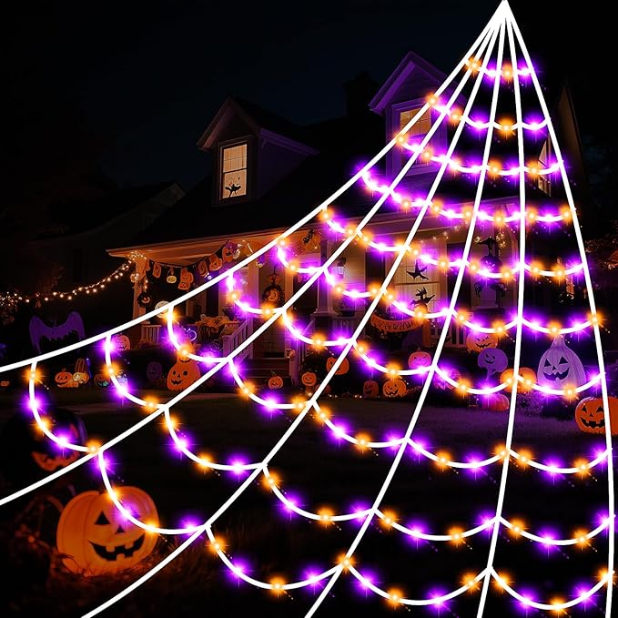 Halloween Spider Web Lights 250 LED Lighted Giant 16.4 Ft Halloween Decorations Light up with 8 Lighting Modes Outdoor Indoor Yard House Decor, Purple & Orange (250LED 16.4 FT Giant Spider Web)