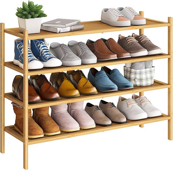 BMOSU 4-Tier Bamboo Extended Shoe Rack Premium Stackable Shoe Shelf Storage Organizer for Hallway Closet Living Room Entryway Organizer(Natural)