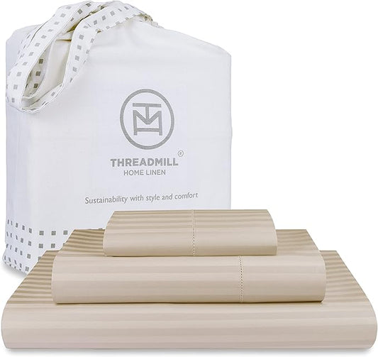 Threadmill 100% Cotton Sheets for Twin Size Bed - 600 Thread Count Twin Bed Sheets Set with 15” Deep Pocket - Damask Stripe Sateen Weave 3-Piece Bedding Set with Cooling Effect, Beige