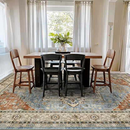 Area Rugs for Living Room 6x9 - Machine Washable Vintage Oriental Soft Rug, Low Pile Thin Floor Carpet with Non Slip Backing for Bedroom, Dorm, Under Dining Room Table, Indoor House, Office Decor