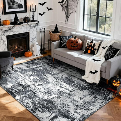 Washable Area Rugs 8'x10' Non-Slip Modern Abstract Soft for Living Room Entryway Bedroom Nursery, Print Pattern, Black Navy Blue Gray