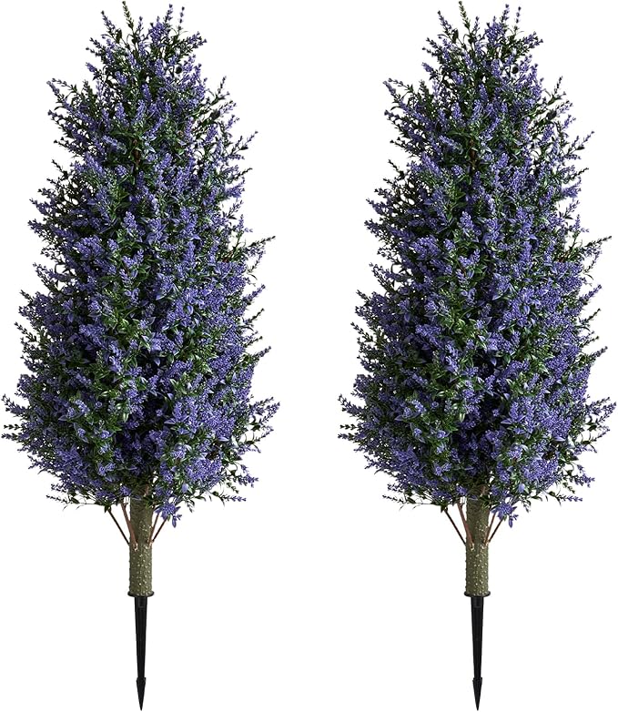 Christmas Artificial Lavender Cone Topiary Trees with Spike, 2 Pack UV Resistant & Anti Lodging Artificial Shrubs, 3FT Fake Evergreen Artificial Plant Brush for Indoor Outdoor Front Porch Garde