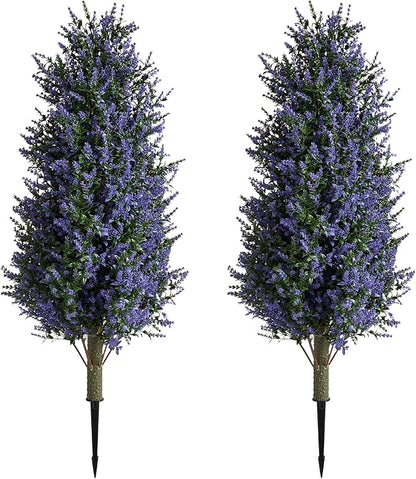 Christmas Artificial Lavender Cone Topiary Trees with Spike, 2 Pack UV Resistant & Anti Lodging Artificial Shrubs, 3FT Fake Evergreen Artificial Plant Brush for Indoor Outdoor Front Porch Garde