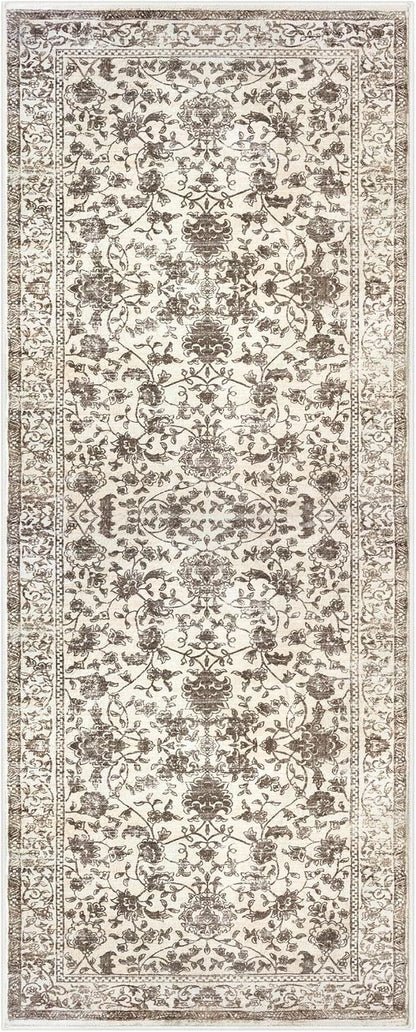 KILOCOCO Hallway Runner 2x5 Kitchen Runner Rug Printed Vintage Floral Washable Non-Slip Rubber Backed Runners for Hallways Laundry Room Distressed Boho Rugs for Entryway Bedroom, Beige/Brown