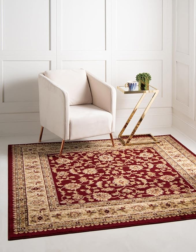 Rugs.com Aditi Collection Rug – 5' 3 Square Red Low Rug Perfect for Living Rooms, Kitchens, Entryways