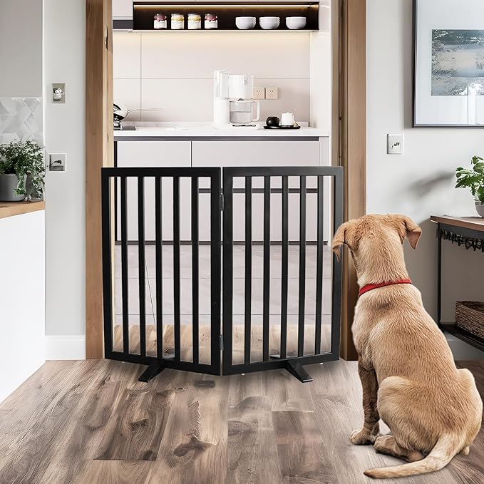 Dog Gate Indoor, Freestanding Dog Fence for The House, Doorways, Hallways,or Stairs,Pet Gate Foldable Wooden,Expandable 32" Height 2 Panels,Black