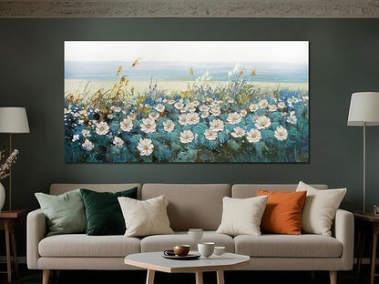 Arjun Flower Wall Art Bedroom Wall Decor, Oversize Extra Large Canvas White Daisy Floral Painting Landscape Picture Art Work for Living Room Textured Office Home Dining Room, Oversized 58"x29"