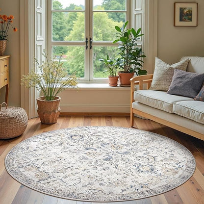 jinchan Round Rug 6ft Area Rug Washable Vintage Indoor Retro Accent Floor Cover Distressed Floral 6' Round Circle Boho Non Slip Thin Carpet for Living Room Dining Room Bedroom Kitchen Blue