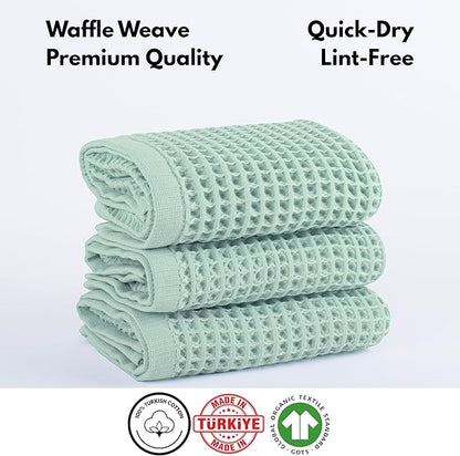 PÜSKÜL Organic Waffle Kitchen Towel 100% Turkish Cotton Set of 3 Ice Green - Premium Quality, Soft, Quick-Dry, Absorbent, Lint-Free Hand Towels 32X16 Inches (3, Ice Green)